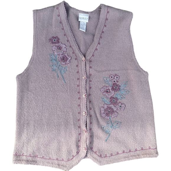 Koret Sweaters - Vtg Koret Women S Pink Sleeveless Knit Embroidered Floral beaded Sweater vest